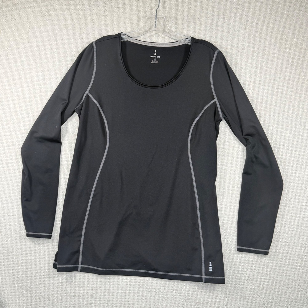 Lands End Womens Black Long Sleeve Active Top Scoop Neck Contrast Stitch M 10-12